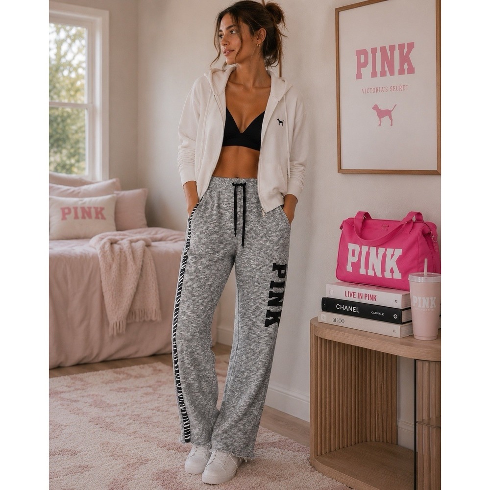 VICTORIA'S SECRET PINK Flare Pants S/P Marled Gray Zebra Side‎ Cotton Sweatpants